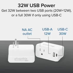 Plugable Wall Outlet Extender with USB-C and USB Charger, White (PS1-CA1)