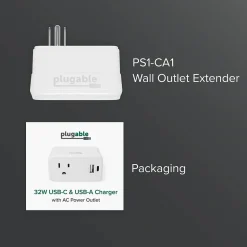 Plugable Wall Outlet Extender with USB-C and USB Charger, White (PS1-CA1)
