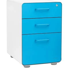 Poppin Stow 3-Drawer Mobile Vertical File Cabinet, Letter/Legal Size, Lockable, 24"H x 15.75"W x 20"D, White and Blue (100429)