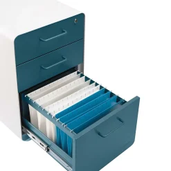 Poppin Stow 3-Drawer Vertical Locking File Cabinet, White & Slate Blue, 16