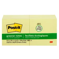 Post-it Greener Recycled Notes, 3" x 3", Canary Collection, 100 Sheet/Pad, 12 Pads/Pack (654-RP-YW)