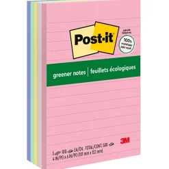 Post-it Greener Recycled Notes, 4" x 6", Sweet Sprinkles Collection, Lined, 100 Sheet/Pad, 5 Pads/Pack (6605PKRPA)
