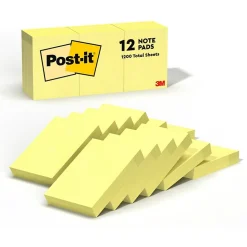 Post-it Notes, 1 3/8" x 1 7/8", Canary Collection, 100 Sheet/Pad, 12 Pads/Pack (653-YW)