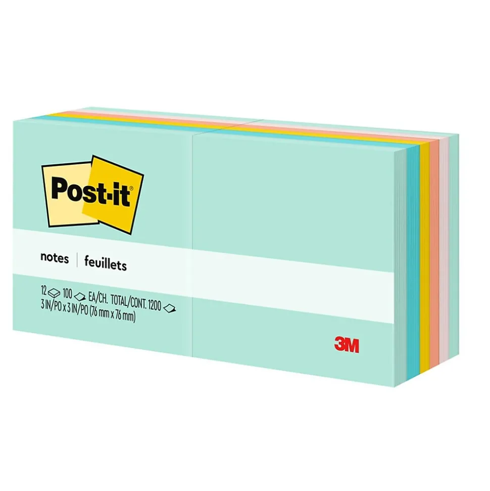 Post-it Notes, 3" x 3", Beachside Café Collection, 100 Sheet/Pad, 12 Pads/Pack (654AST)
