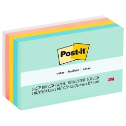 Post-it Notes, 3" x 5", Beachside Café Collection, 100 Sheet/Pad, 5 Pads/Pack (655AST)