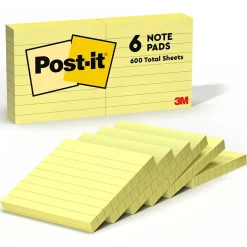 Post-it Notes, 3" x 3", Canary Collection, Lined, 100 Sheet/Pad, 6 Pads/Pack (630-6PK)