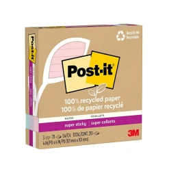 Post-it Recycled Super Sticky Notes, 4" x 4", Wanderlust Pastels Collection, Lined, 70 Sheet/Pad, 3 Pads/Pack (675R-3SSNRP)