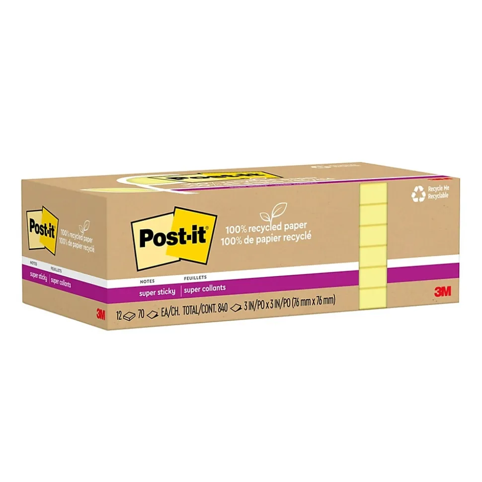 Post-it Recycled Super Sticky Notes, 3" x 3", Canary Collection, 70 Sheet/Pad, 12 Pads/Pack (654R-12SSCY)