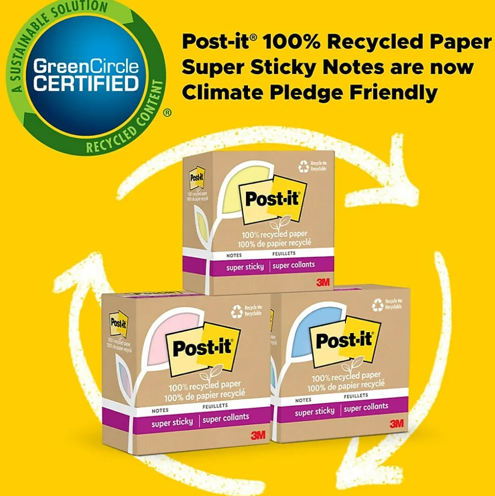 Post-it Recycled Super Sticky Notes, 3" x 3", Canary Collection, 70 Sheet/Pad, 12 Pads/Pack (654R-12SSCY)