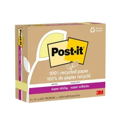 Post-it Recycled Super Sticky Notes, 3" x 5", Canary Collection, 70 Sheet/Pad, 12 Pads/Pack (655R-12SSCY)