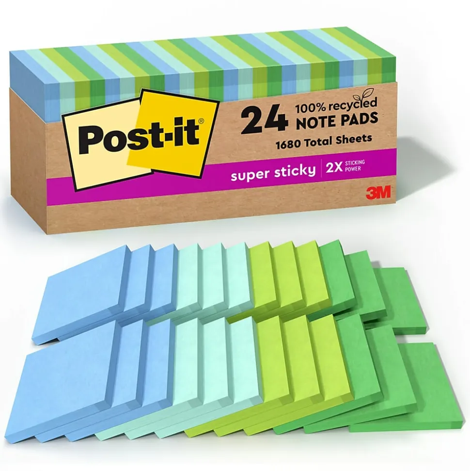 Post-it Recycled Super Sticky Notes, 3" x 3", Oasis Collection, 70 Sheet/Pad, 24 Pads/Pack (654R-24SST-CP)