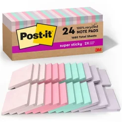 Post-it Recycled Super Sticky Notes, 3" x 3", Wanderlust Pastels Collection, 70 Sheet/Pad, 24 Pads/Pack (654R-24SSNRPCP)