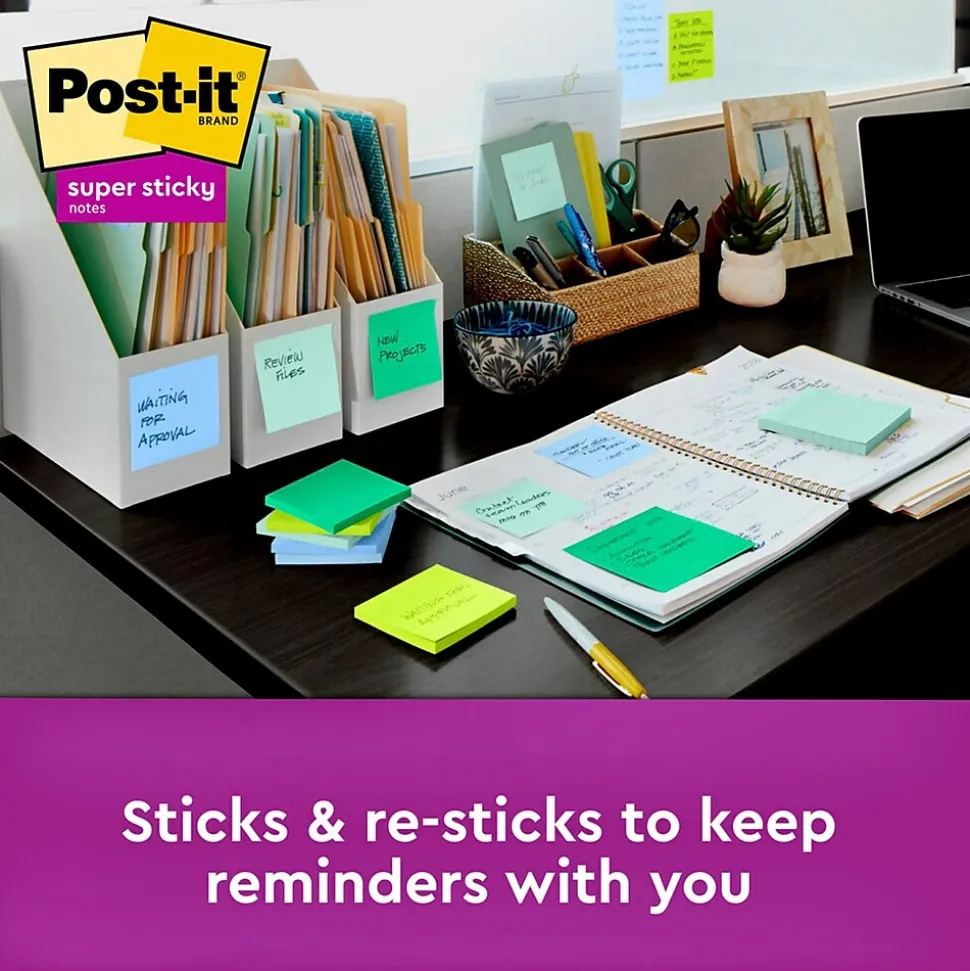 Post-it Recycled Super Sticky Notes, 3" x 3", Oasis Collection, 90 Sheet/Pad, 12 Pads/Pack (65412SST)