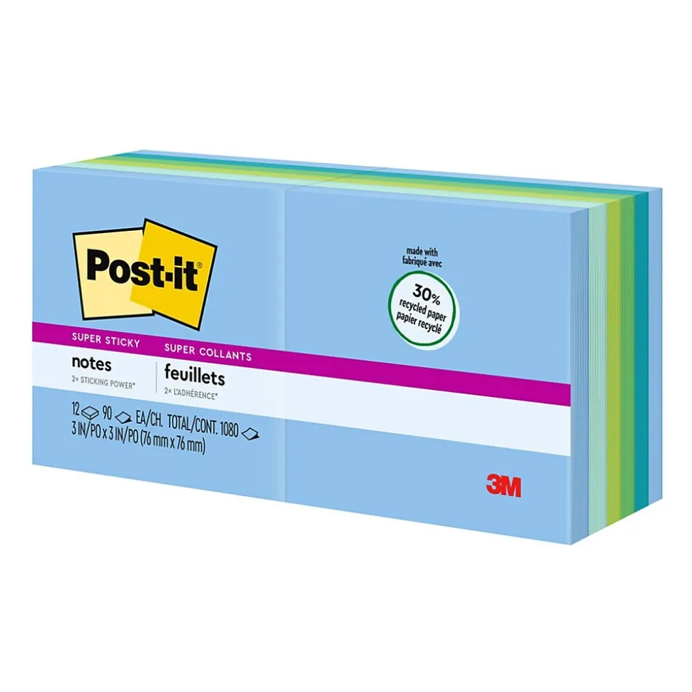 Post-it Recycled Super Sticky Notes, 3" x 3", Oasis Collection, 90 Sheet/Pad, 12 Pads/Pack (65412SST)