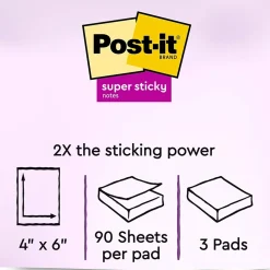 Post-it Recycled Super Sticky Notes, 4" x 6", Wanderlust Pastels Collection, Lined, 90 Sheet/Pad, 3 Pads/Pack (6603SSNRP)