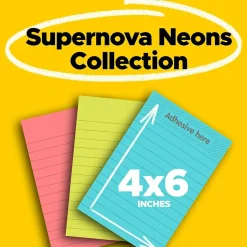 Post-it Super Sticky Notes, 4" x 6", Supernova Neons Collection, Lined, 90 Sheet/Pad, 3 Pads/Pack (660-3SSMIA)