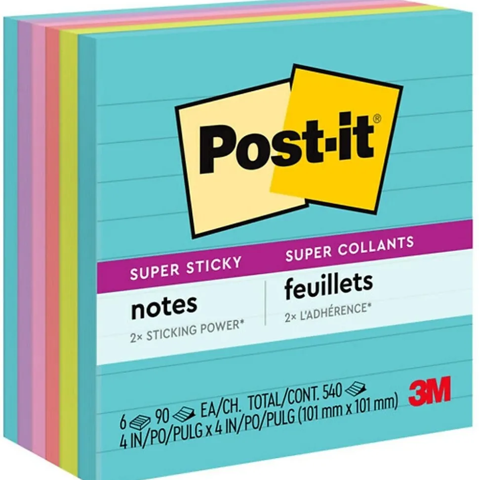 Post-it Super Sticky Notes, 4" x 4", Supernova Neons Collection, Lined, 90 Sheet/Pad, 6 Pads/Pack (675-6SSMIA)