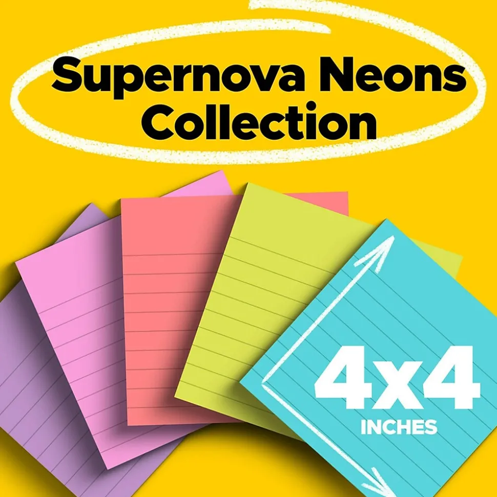 Post-it Super Sticky Notes, 4" x 4", Supernova Neons Collection, Lined, 90 Sheet/Pad, 6 Pads/Pack (675-6SSMIA)