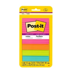 Post-it Super Sticky Notes, 4" x 4", Supernova Neons Collection, Lined, 45 Sheet/Pad, 4 Pads/Pack (4421-4SSMX)