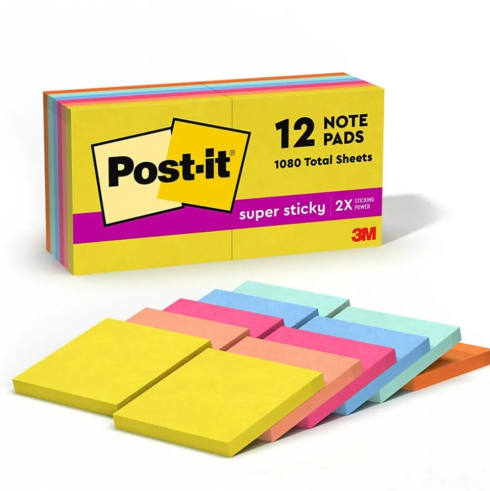 Post-it Super Sticky Notes, 3" x 3", Summer Joy Collection, 90 Sheet/Pad, 12 Pads/Pack (654-12SSJOY)