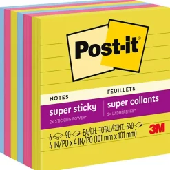 Post-it Super Sticky Notes, 4" x 4", Summer Joy Collection, Lined, 90 Sheet/Pad, 6 Pads/Pack (675-6SSJOY)