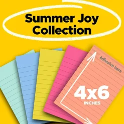 Post-it Super Sticky Notes, 4" x 6", Summer Joy Collection, Lined, 90 Sheet/Pad, 5 Pads/Pack (660-5SSJOY)