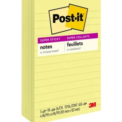 Post-it Super Sticky Notes, 4" x 6", Canary Collection, Lined, 90 Sheet/Pad, 5 Pads/Pack (6605SSCY)