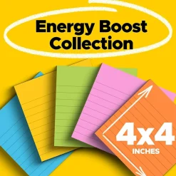 Post-it Super Sticky Notes, 4" x 4", Energy Boost Collection, Lined, 90 Sheet/Pad, 6 Pads/Pack (6756SSUC)