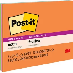Post-it Super Sticky Notes, 8" x 6", Energy Boost Collection, 45 Sheet/Pad, 4 Pads/Pack (6845SSP)