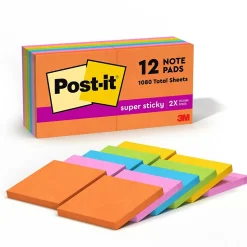 Post-it Super Sticky Notes, 3" x 3", Energy Boost Collection, 90 Sheet/Pad, 12 Pads/Pack (65412SSUC)