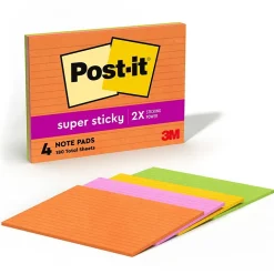 Post-it Super Sticky Notes, 8" x 6", Energy Boost Collection, Lined, 45 Sheet/Pad, 4 Pads/Pack (6845-SSPL)
