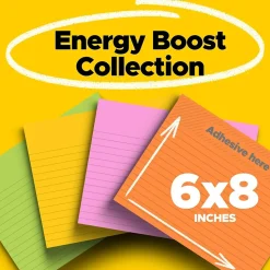 Post-it Super Sticky Notes, 8" x 6", Energy Boost Collection, Lined, 45 Sheet/Pad, 4 Pads/Pack (6845-SSPL)