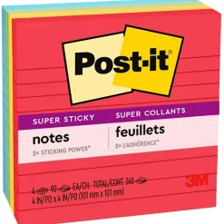 Post-it Super Sticky Notes, Playful Primaries Colors, Lined, 4 in x 4 in, 90 Sheets/Pad, 4 Pads/Pack (675-4SSAN)