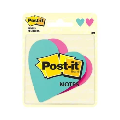 Post-it Super Sticky Removable Notes, 3" x 3" Hearts, Assorted Colors, 75 Sheets/Pad, 2 Pads/Pack (7350-HRT)