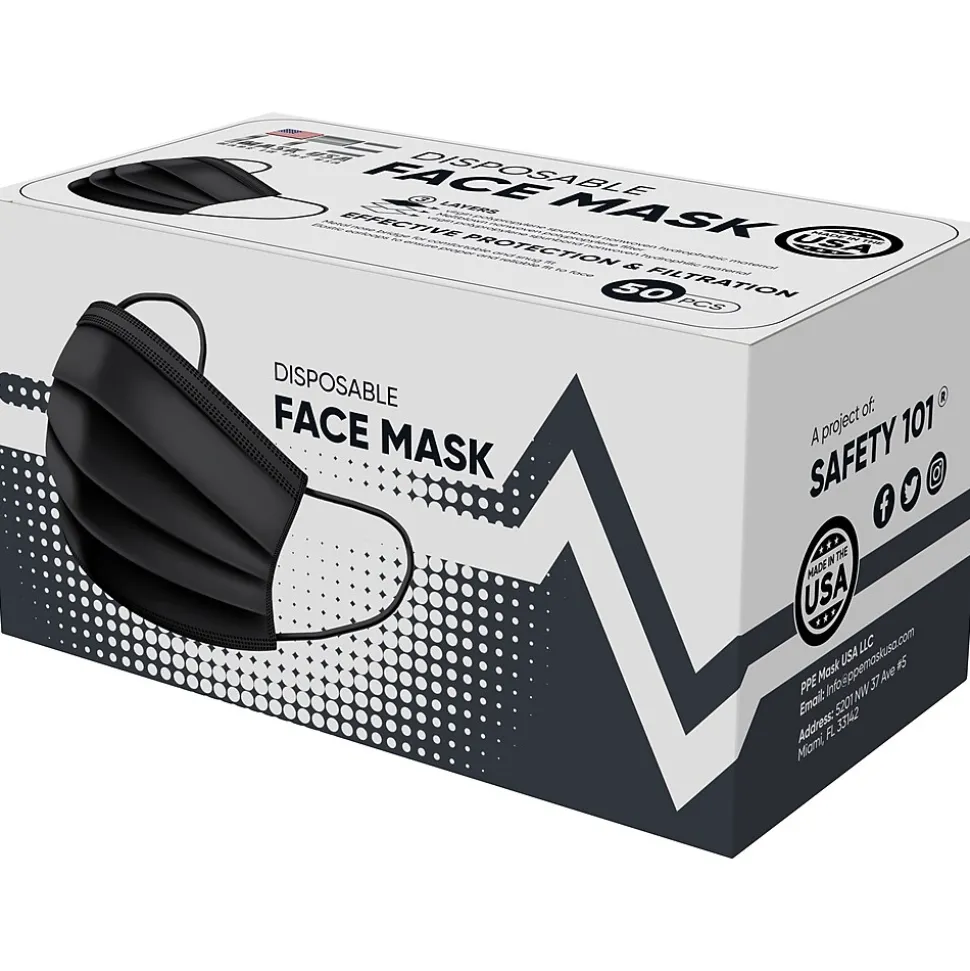 PPE Mask USA Disposable Surgical Cloth Face Mask, One Size, Black, 50/Box, 20 Boxes/Pack (TBN203203)