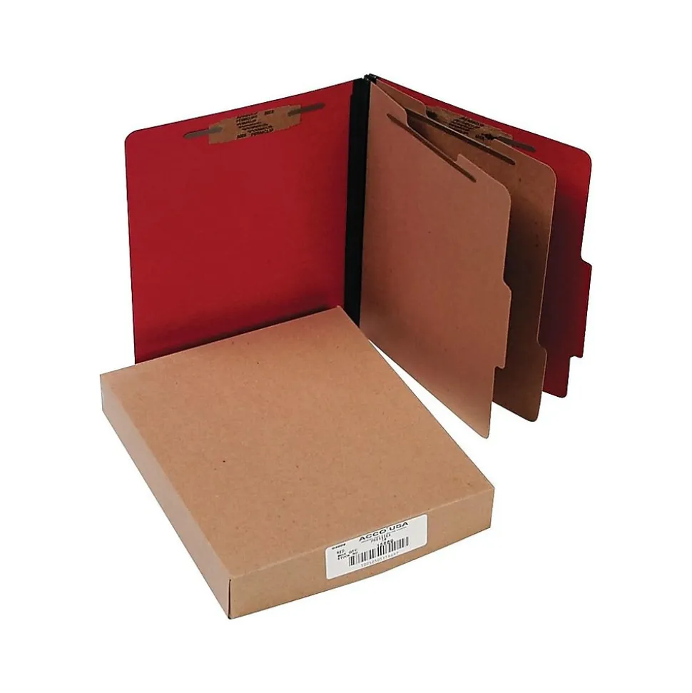 Presstex Color-Coded Top-Tab Folders with Fasteners, 2 Partition/6 Fasteners, Red, Letter Size, Holds 8 1/2" x 11", 10/Box