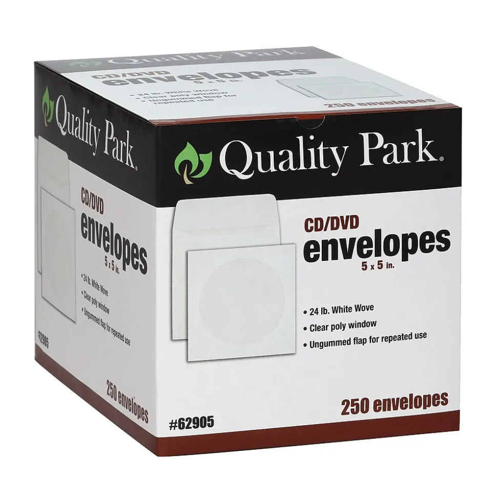 Quality Park Open End CD/DVD Envelopes, 5" x 5", White Wove, 250/Box (QUA62905)