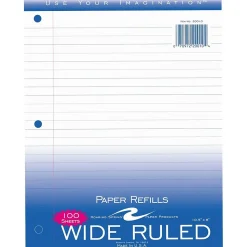 Roaring Spring Paper Products Wide Ruled Filler Paper, 8" x 10.5", 3-Hole Punched, 100 Sheets/Pack (20010)