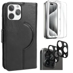 SaharaCase Genuine Leather Wallet Case, Tempered Glass Screen, Camera Protector for iPhone 15 Pro Max, Black (CP480ZD128ZD131)