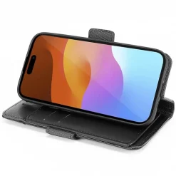 SaharaCase Genuine Leather Wallet Case, Tempered Glass Screen, Camera Protector for iPhone 15 Pro Max, Black (CP480ZD128ZD131)