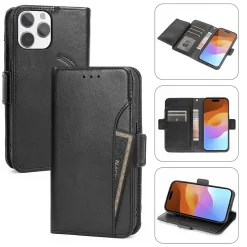 SaharaCase Genuine Leather Wallet Case, Tempered Glass Screen, Camera Protector for iPhone 15 Pro Max, Black (CP480ZD128ZD131)
