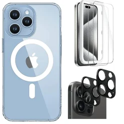 SaharaCase Hybrid-Flex Hard Shell Case, Tempered Glass Screen, Camera Protector for iPhone 15 Pro Max, Clear (CP472ZD128ZD131)