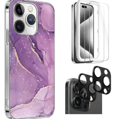 SaharaCase Purple Marble Case, Tempered Glass Screen and Camera Protector for iPhone 15 Pro Max (CP474ZD128ZD131)