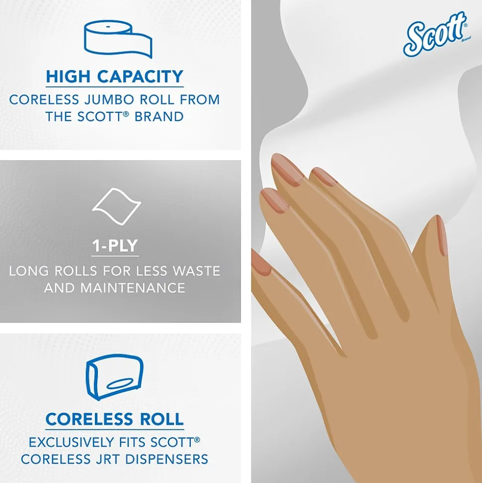 Scott Essential Recycled Coreless Toilet Paper, 1-ply, White, 12 Rolls/Case (07005)