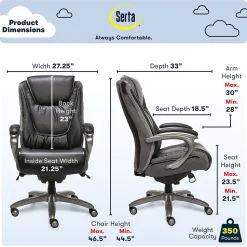 Serta Big & Tall Ergonomic Bonded Leather Swivel Executive Chair, Black/Silver (44951)