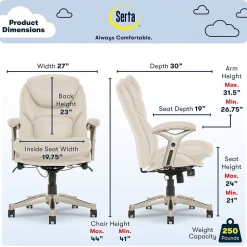 Serta Claremont Ergonomic Faux Leather Swivel Executive Chair with Back in Motion Technology, Ivory (44186C)