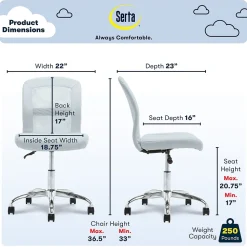 Serta Essentials Armless Ergonomic Bonded Leather/Mesh Swivel Task Chair, Blue (48740D)