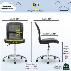 Serta Essentials Armless Ergonomic Bonded Leather/Mesh Swivel Task Chair, Black (48740)
