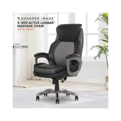 Sharper Image S-600 Active Lumbar Ergonomic Bonded Leather Swivel Executive Massage Chair, Black (60098-BLK)