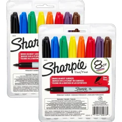 Sharpie® Permanent Markers, Fine Point, Assorted Colors, 8 Per Set, 2 Sets (SAN30078-2)